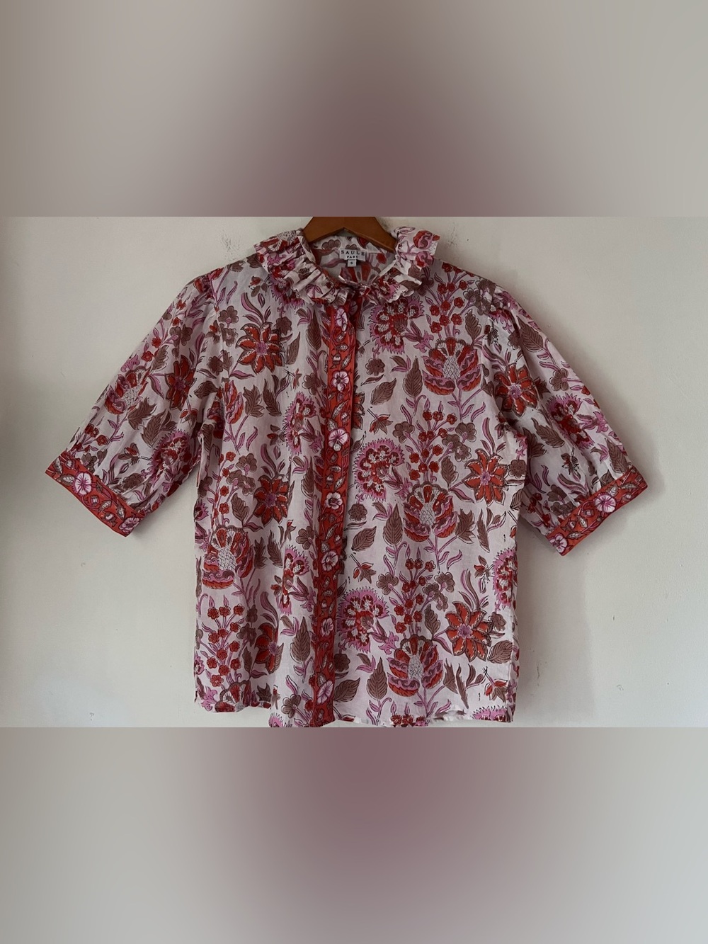 Saule Parc Cotton Floral Block Print Ruffle Collar Blouse Sz Small Button down